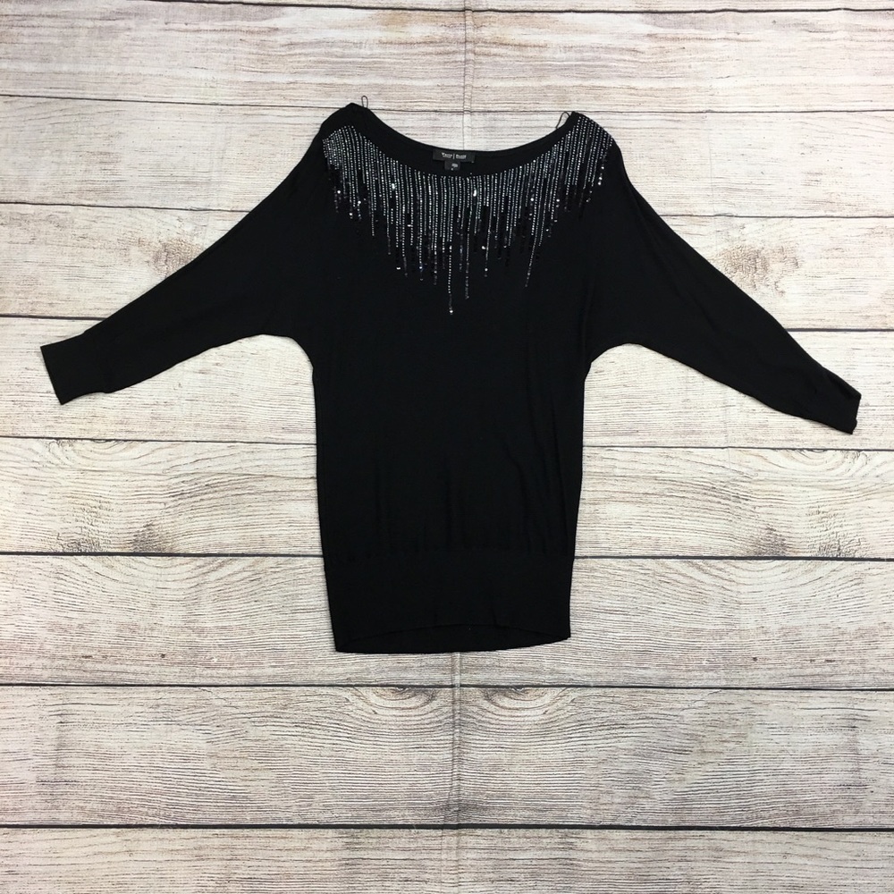 😍White House Black Market Sweater Black Sequin Detail Long Sleeve Size Small
